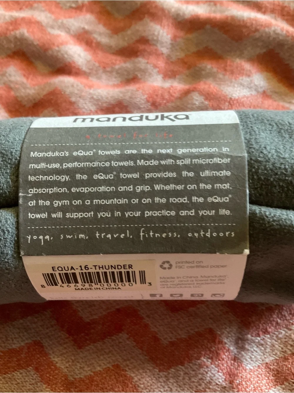 manduka eQua Yoga Hand Towel  Towel in Gray (Thunder) 16” x 26.5” New